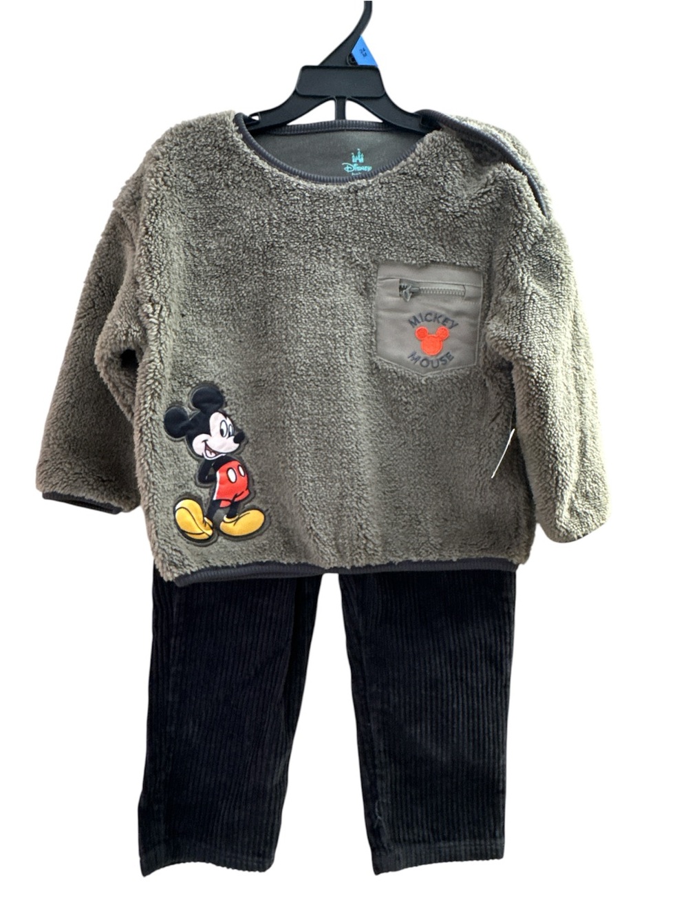 Disney Olive Fleece Mickey Applique Top with Black Pants 24months new